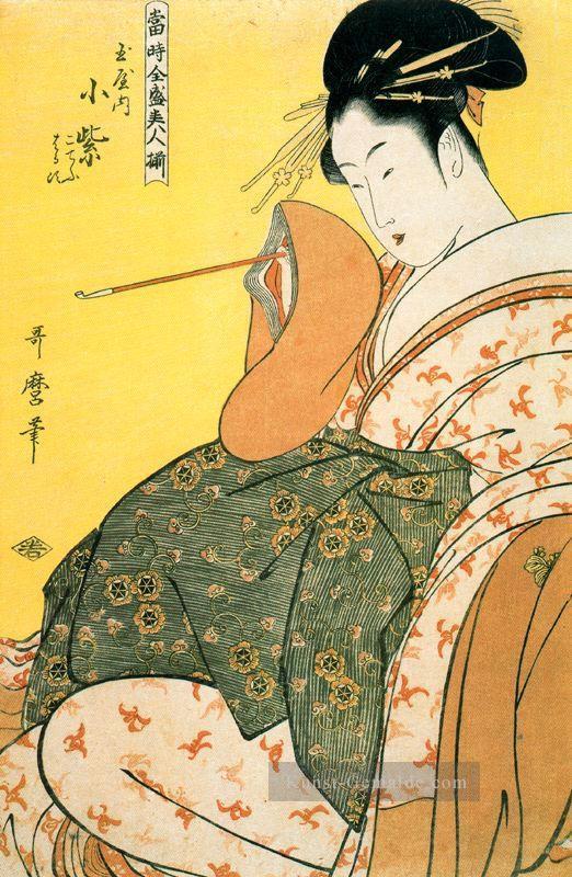 Komurasaki der Tamaya mit der Pfeife in der Hand Kitagawa Utamaro Japaner Ölgemälde
